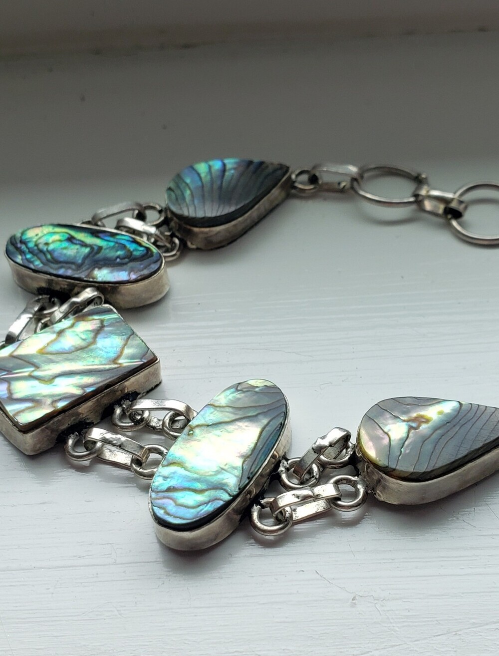 NEW ABALONE SILVER BRACELET, 7-8", Beautiful Iridescent Shell Beads In Silver!